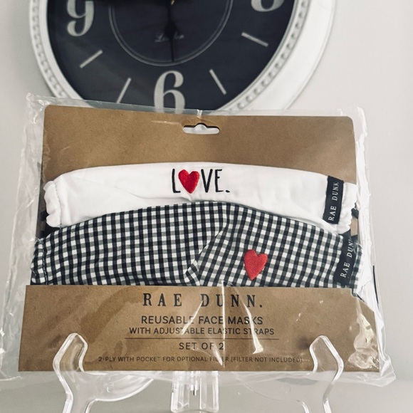 Rae Dunn Accessories - Rae Dunn Reusable Face Masks Adjustable Elastic Strap Set of 2 Love Checkered